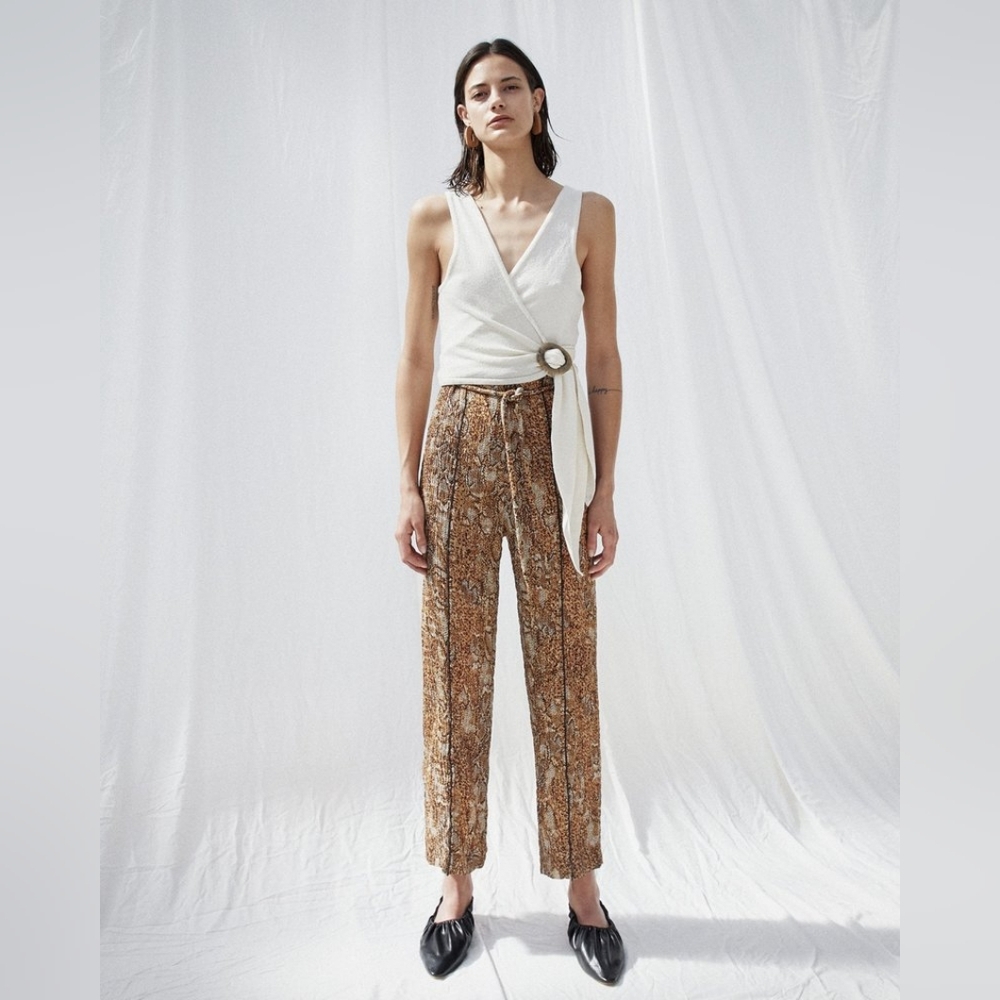 Nanushka Luma Pleat Pants With Self Belt - Brown Snake
